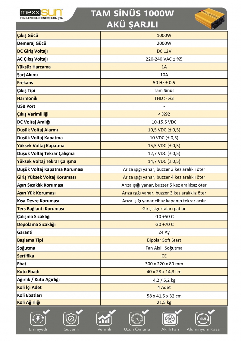 Tam Sinüs Şarjlı 12V 1000W - 1