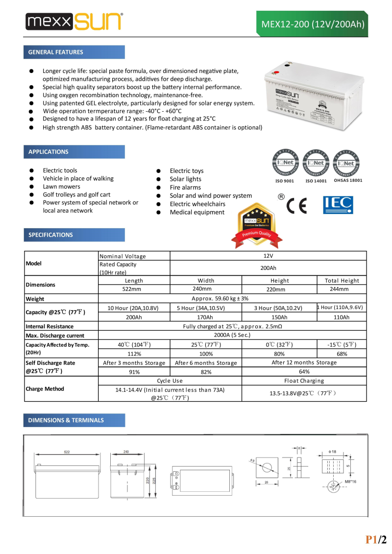 Gel Battery 12V 200Ah (MEX12-200) - 1