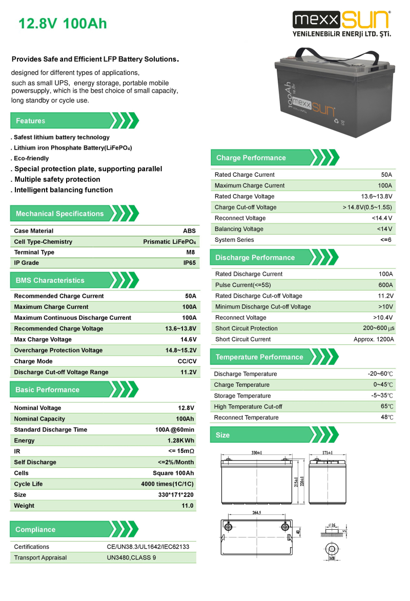 MEXXSUN Lithium Battery 12,8V 100Ah (LiFePo4) 1280Wh - 1