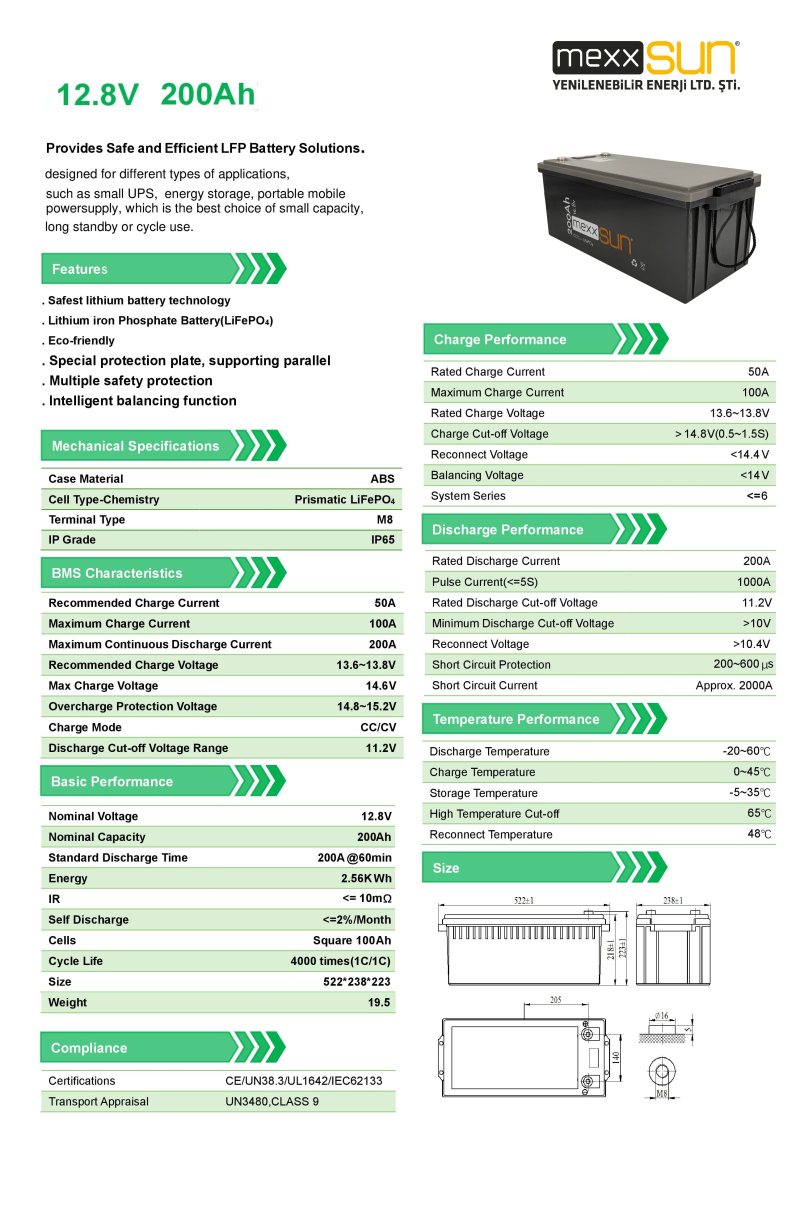 MEXXSUN Lityum Akü 12,8V 200Ah (LiFePo4) 2560Wh - 1