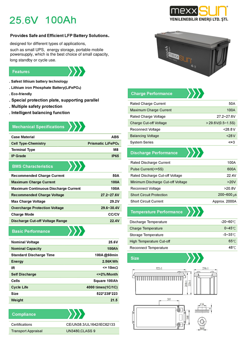 MEXXSUN Lityum Akü 25,6V 100Ah (LiFePo4) 2560Wh - 1