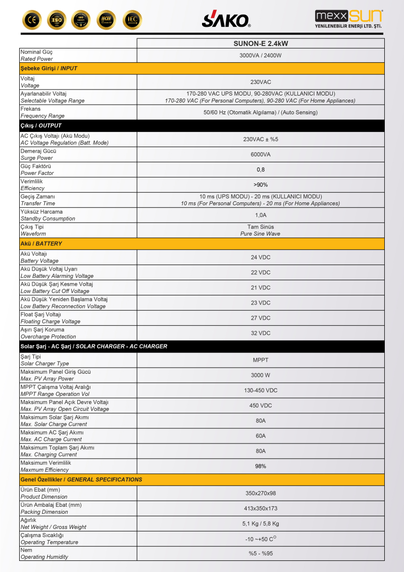 Sunon-E Tam Sinüs Akıllı 24V 2.4KW (450-500VDC) - 2