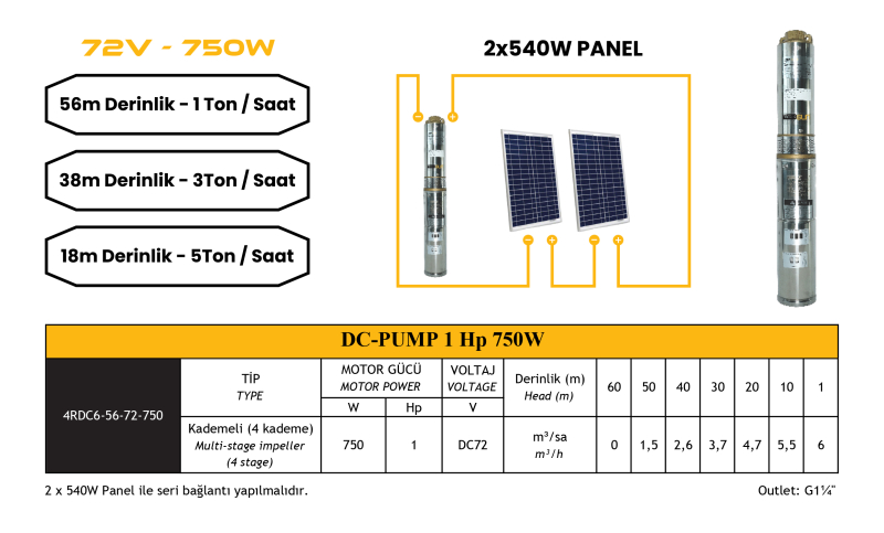 DC Pompa 1 Hp / 750W / 72V (4DC6-56-72-750) - 1