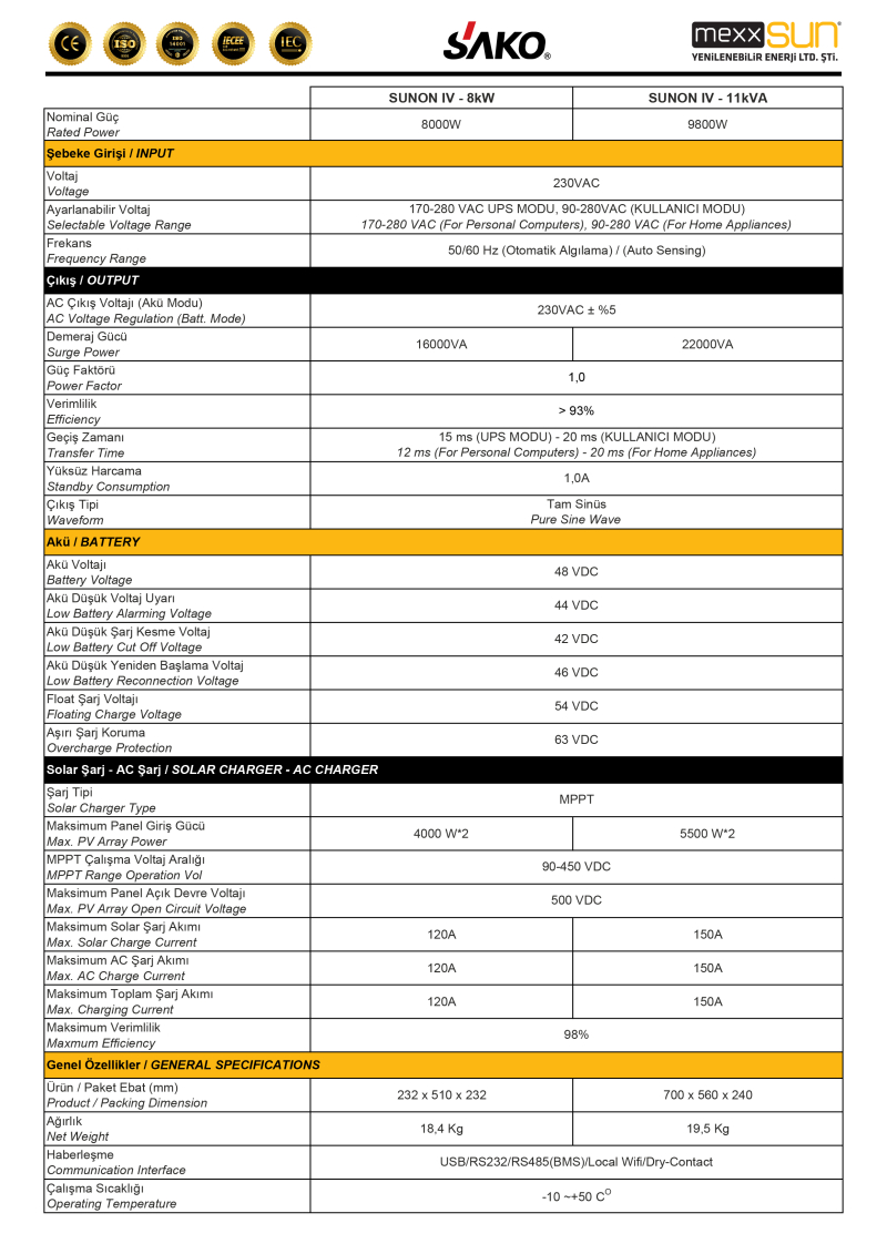 Sunon-IV 8KW Inverter + Li-sun 51.2V 200Ah lithium Battery Off-Grid Hybrid Package - 2