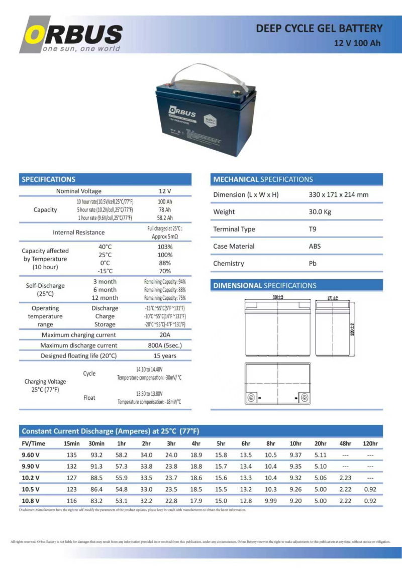 Jel akü 12V 100Ah Orbus - 1