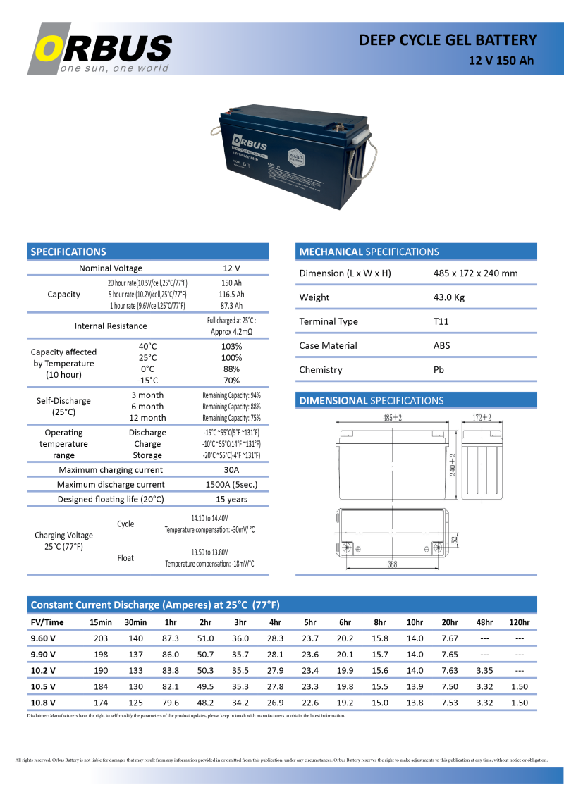 Jel akü 12V 150Ah Orbus - 1