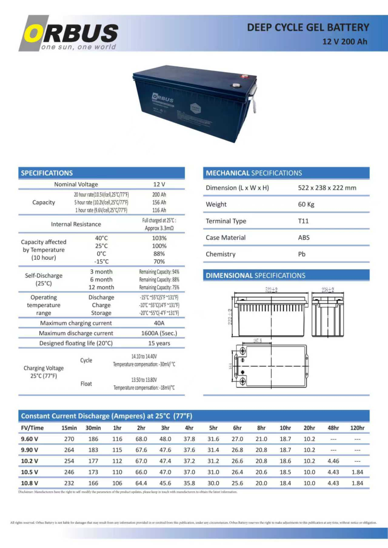 Jel akü 12V 200Ah Orbus - 1