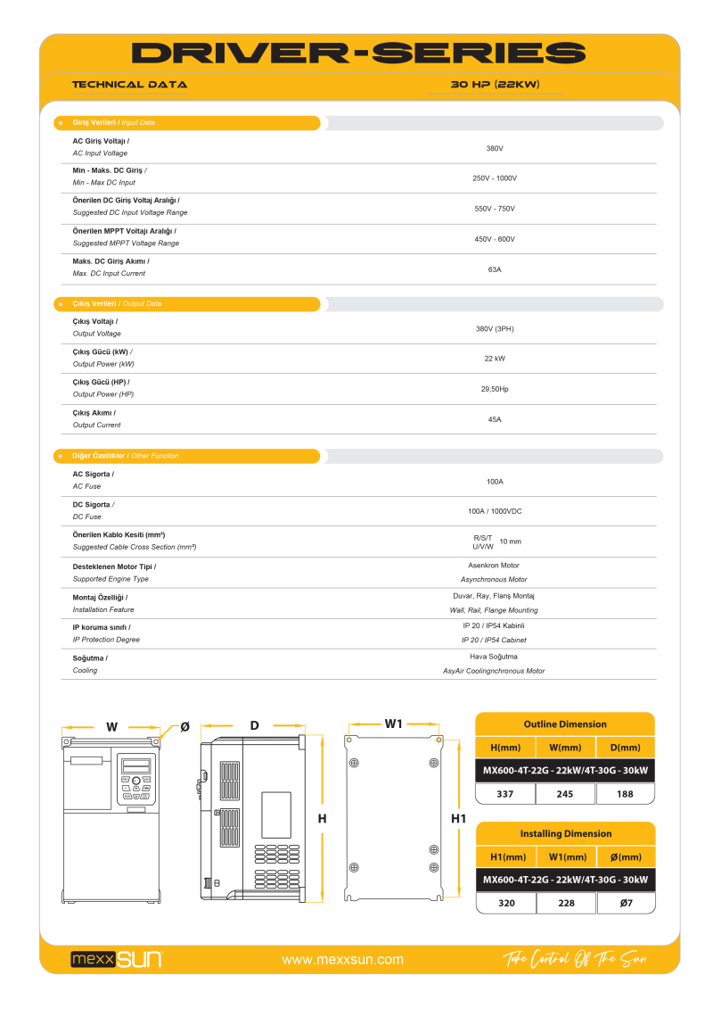Solar VFD 30Hp (22 kW) (Three Phase) 1000VDC - 2