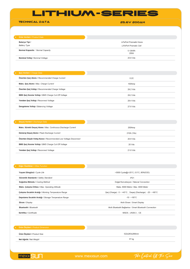 MEXXSUN Lityum Akü 25,6V 200Ah (LiFePo4) 5120Wh - 2